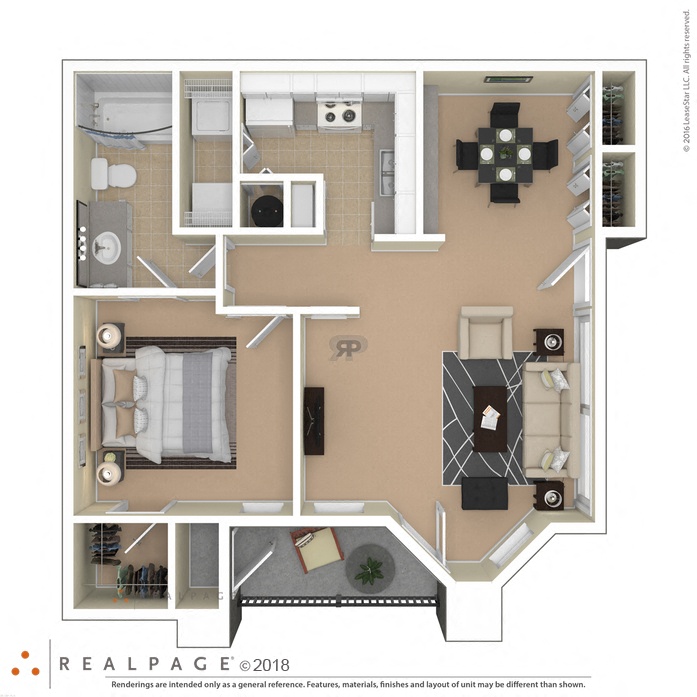 Floor plan for 1 bed, 1 bath, 741 sqft